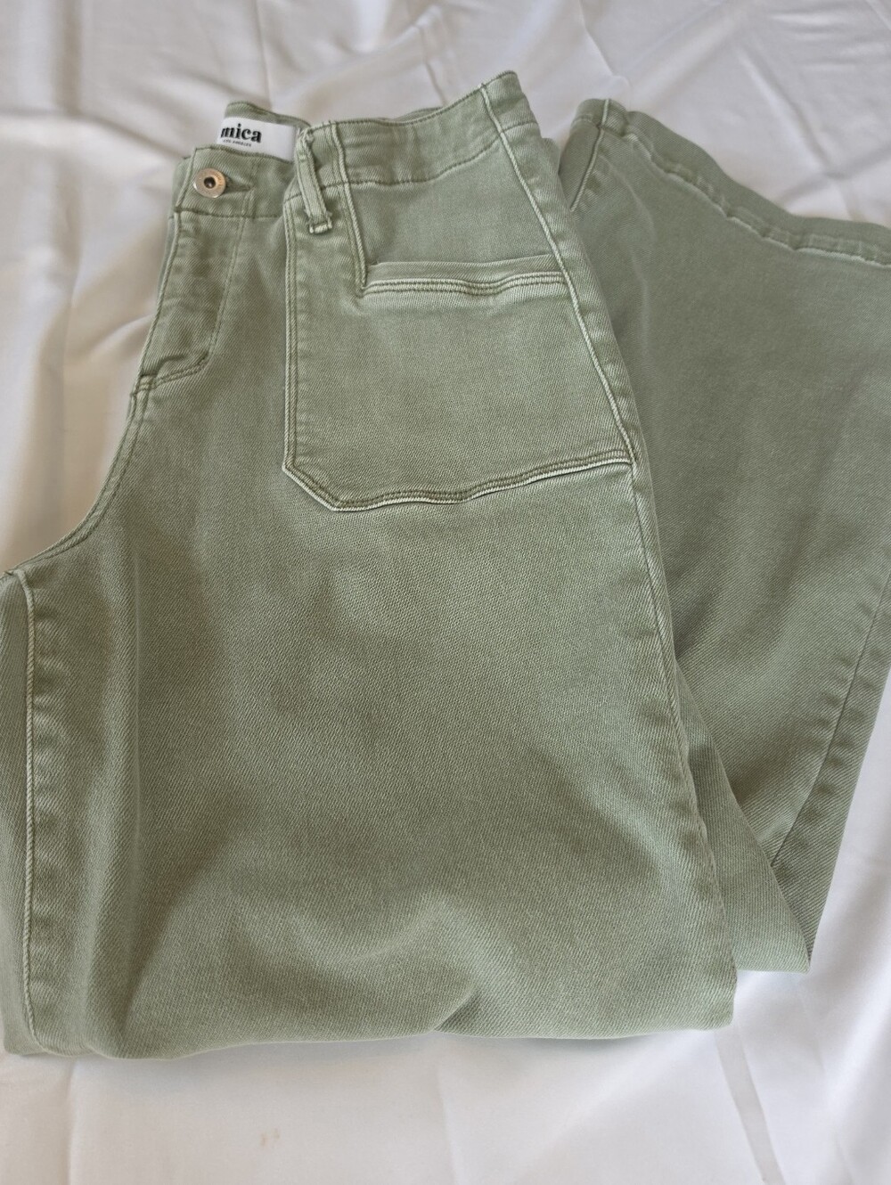 MICA Denim High Rise Wide Leg Sage Green Sz. 28 Utility Patch Pocket